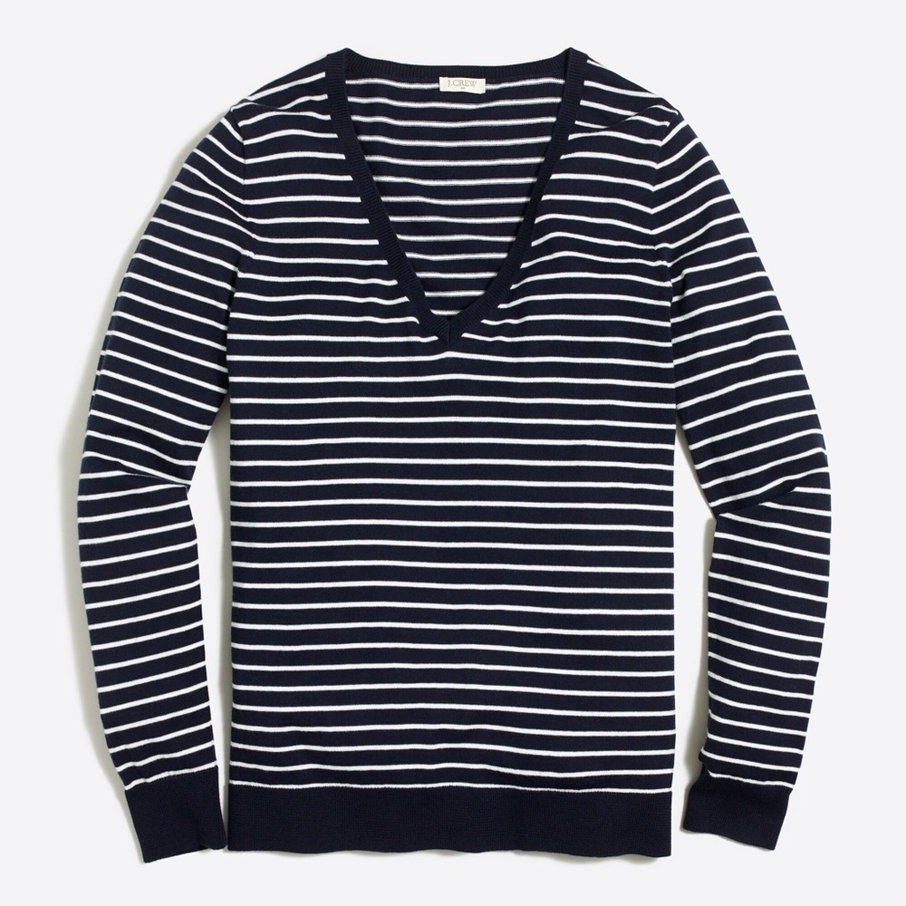 J. Crew Navy Striped 100% Cotton V-Neck Sweater Size S